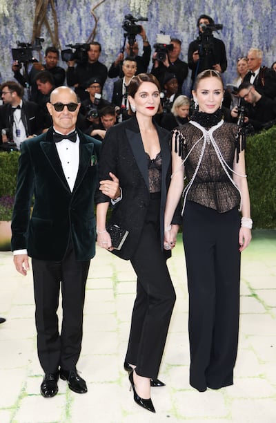 From left, Stanley Tucci, Felicity Blunt and Emily Blunt on the red carpet for the 2026 Met Gala. EPA
