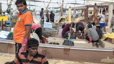 Fishing crews rest at the harbourside on Wednesday. Crew members earn about Dh1,000 per month, about 25 per cent of what they earned 10 years ago. Fishmongers running stalls in the souk make about Dh2,000 to Dh3,000