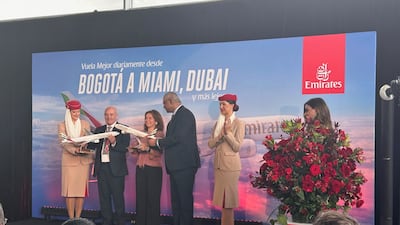 Emirates marks the launch of its new Bogota route via Miami at El Dorado International Airport on Wednesday. Deena Kamel / The National
