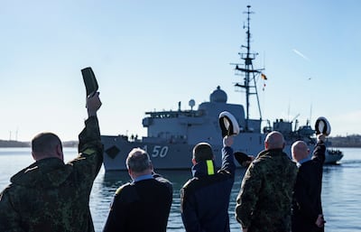 The naval service boat 'Alster' leaves the naval port to reinforce the Nato northern flank, Eckernfoerde, Germany, on Saturday. AP Photo