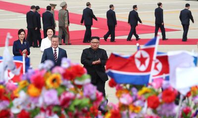 South Korea's president Moon Jae-in arrives to a honour guard ahead of the third Inter-Korean summit. EPA