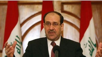 Nouri Al Maliki at a press conference in Baghdad in May, when he called for a dialogue with rival blocs. Now a row over his failed attempt to dissolve the Independent High Electoral Commission has left him weakened amid growing questions over the concentration of power in his hands. Ahmad Al Rubaye / AFP