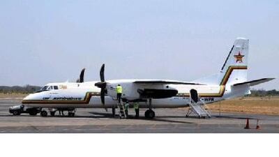 An Air Zimbabwe plane at Victoria Falls Airport, Zimbabwe.