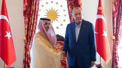 Saudi Foreign Minister Prince Faisal bin Farhan, left, meets Turkish President Recep Tayyip Erdogan in Istanbul. SPA