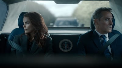 Keri Russell as Kate Wyler and Rufus Sewell as Hal Wyler in season four of The Diplomat. Photo: Netflix