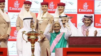 Arrogate, ridden by Mike Smith, won the 2017 Dubai World Cup. Sheikh Hamdan bin Rashid at the podium. Pawan Singh / The National