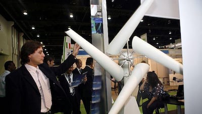 A wind turbine by Nheolis at the World Future Energy Summit at the Abu Dhabi Convention Center.