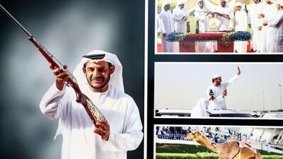 The inside of Ahmed Al Falahi's majlis is decorated with posters of distinguished camel racers. Chris Whiteoak / The National
