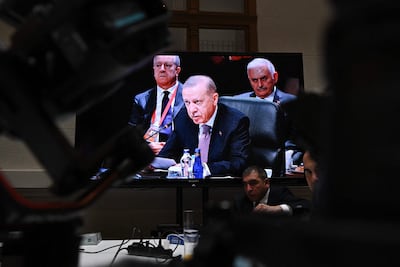 Turkish President Recep Tayyip Erdogan during the informal summit of the Organization of Turkic States in Budapest. AFP