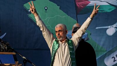 Yahya Sinwar, the new political leader of Hamas, gestures on stage during a rally in Gaza city in 2021. AFP