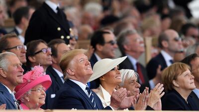 (L-R) Britain's Prince Charles the Prince of Wales, Britain's Queen Elizabeth II, US President Donald J. Trump, First Lady Melania Trump, Greece President Prokopis Pavlopoulos, German Chancellor Angela Merkel and Netherlands Prime Minister Mark Rutte watch a flypast during the commemorations for the 75th Anniversary of the D-Day landings in Southsea Common, Portsmouth. EPA