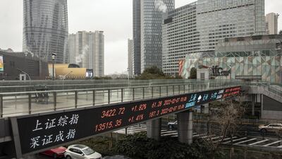 An electronic ticker displays stock figures in Pudong's Lujiazui Financial District in Shanghai. Chinese stocks had almost always traded at a hefty premium to Europe and the US, but the rout of the past few months wiped out most of it. Bloomberg