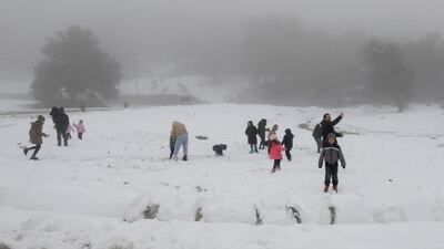 Tunisian families enjoy the snow in Ain Draham, north west Tunisia. Inhabitants of the north west region have welcomed the first snowfall of the year. AFP