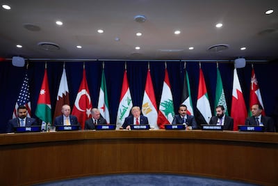 From left, Iraqi Prime Minister Ali Al Zaidi, Turkish President Recep Tayyip Erdogan, King Abdullah of Jordan, US President Donald Trump, Qatari Emir Sheikh Tamim, Syrian President Ahmad Al Shara and Egyptian Prime Minister Mostafa Madbouly in New York. AFP