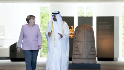 Angela Merkel bids farewell to Sheikh Mohamed bin Zayed after a meeting at the Chancellor's Office in June 2019. Ministry of Presidential Affairs