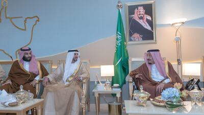 Sheikh Hamdan bin Mohammed, Crown Prince of Dubai, attends the King Abdulaziz Camel Festival finale in Riyadh. See here with King Salman and Prince Mohammed bin Salman of Saudi Arabia. Wam