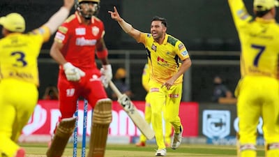 Deepak Chahar of Chennai Super Kings celebrates after the run out of` KL Rahul captain of Punjab Kings