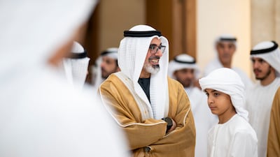 Sheikh Khaled bin Mohamed, Crown Prince of Abu Dhabi, and Sheikh Mohamed bin Khaled bin Mohamed, at Mushrif Palace. Abdulla Al Bedwawi / UAE Presidential Court