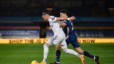 Leeds United's midfielder Jack Harrison vies with Arsenal's defender Hector Bellerin. AFP