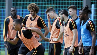 Youri Tielemans, left, and teammates during training. EPA