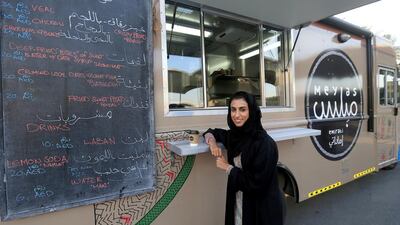 Shaikha Al Kaabi with her Meylas food truck, which serves Emirati cuisine in locations around Abu Dhabi. Ravindranath K / The National