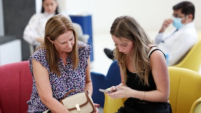 Amy Mellor checks her A-level results at Gems Wellington Academy, Dubai Silicon Oasis