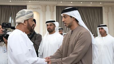 Bader bin Saud Al Busaidi, Minister of Defence of Oman (L), offers condolences to Sheikh Mansour bin Zayed, UAE Deputy Prime Minister and Minister of Presidential Affairs, on the death of his brother, Sheikh Sultan. Mohamed Al Hammadi / Ministry of Presidential Affairs