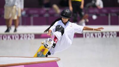 Kokona Hiraki, 12, of Japan competes in the women's park skateboarding final.