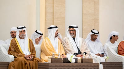 Sheikh Khaled bin Mohamed, Crown Prince of Abu Dhabi; Sheikh Theyab bin Mohamed, deputy chairman of the Presidential Court for Development and Fallen Heroes’ Affairs; and Sheikh Nahyan bin Mubarak, Minister of Tolerance and Coexistence, attend the reception.