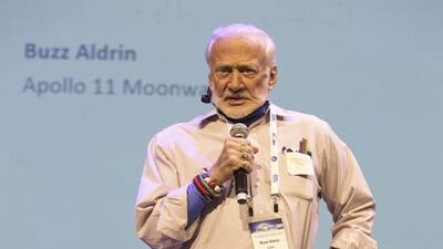 Former US astronaut Buzz Aldrin speaks during the 66th International Astronautical Congress in Jerusalem. Abir Sultan / EPA