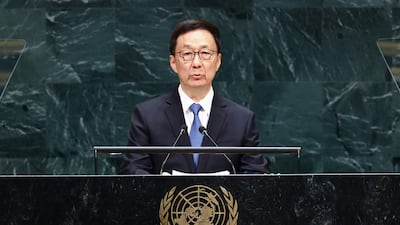 China's Vice President Han Zheng speaks during the 81st United Nations General Assembly at UN headquarters in New York on September 26, 2026. (Photo by CHARLY TRIBALLEAU / AFP)