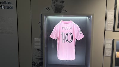Lionel Messi's Inter Miami shirt is displayed at an exhibit in Miami. Kyle Fitzgerald / The National