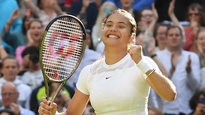 Emma Raducanu of Great Britain celebrates after winning the women's 1st round match against Alison Van Uytvanck of Belgium at the Wimbledon Championships, in Wimbledon, Britain, 27 June 2022. EPA / ANDY RAIN EDITORIAL USE ONLY