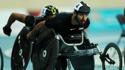 Mohamed Al Haammadi of UAE leads the men's 800m T34 final on his way to gold at the World Para Athletics Championships in Dubai. EPA