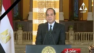 Egyptian president Abdel Fattah El Sisi gives a televised statement on the attack in North Sinai, in Cairo, Egypt on November 24, 2017 in this still taken from video. Reuters