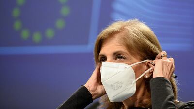 Stella Kyriakides, the European Commissioner in charge of Health, during an online news conference at the EU headquarters in Brussels on Friday. The EU and AstraZeneca agreed on Friday to make public a heavily redacted version of their Covid-19 vaccine agreement, which lies at the heart of a dispute over how many shots the pharmaceutical company should be supplying the EU's 27 nations. AP Photo