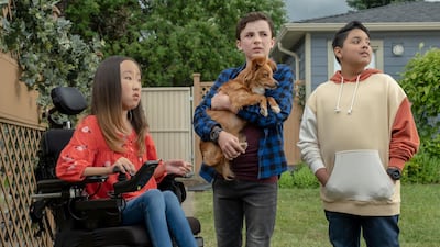 The show follows Dude the dog and three school friends, from left, Amara (Sophie Kim), Noah (Jace Chapman) and Simon (Mauricio Lara). Courtesy Netflix
