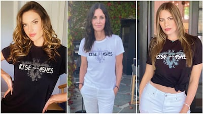 From left: Alessandra Ambrosio, Courteney Cox and Sofia Vergara have all supported designer Zuhair Murad by wearing his Rise from the Ashes T-shirt, which raises money for Beirut disaster relief. Instagram