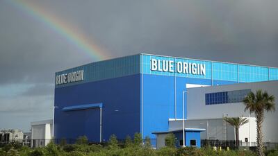 Storm clouds and a rainbow appear over Jeff Bezos' Blue Origin Aerospace Manufacturer building as Hurricane Dorian approaches Florida, on August 31, 2019 in Cape Canaveral, Florida. Getty Images / AFP