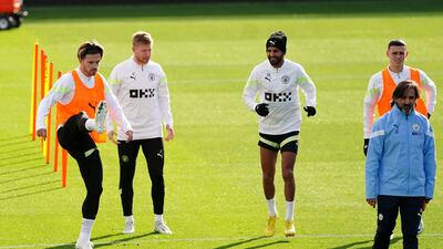 Jack Grealish, Kevin De Bruyne, Riyad Mahrez and Phil Foden during a training session at the City Football Academy. PA