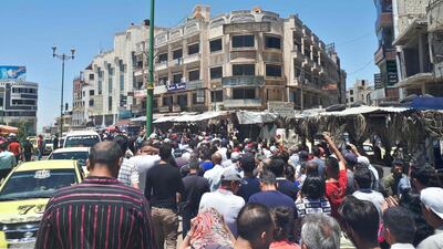 An anti-Assad march in Suweida on June 9, 2020. After more than a week of protests, pro-regime forces reacted by making arrests on June 14. AFP