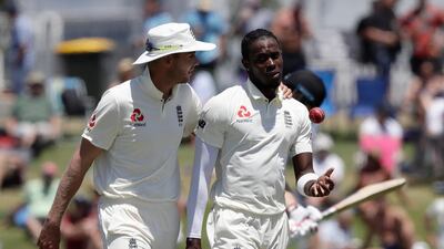 Stuart Broad and Jofra Archer during the first Test against New Zealand in Mount Maunganui in November 2019. AP