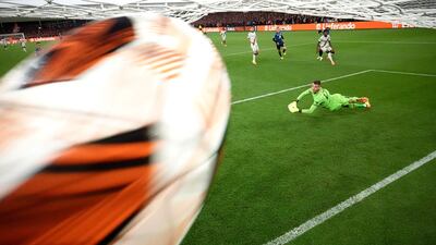 The ball sails into the net as Ademola Lookman completes his hat-trick for Atalanta in the Europa League final. Getty Images