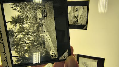 Glass slides from the Royal Geographic Society's collection showing 1950s pre-asphalt tracks in Wadi Al Qor, southern Ras Al Khaimah. Photo: Annissa Gultom