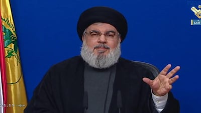 Hezbollah's Secretary General Hassan Nasrallah delivers a speech on Al-Manar TV. EPA