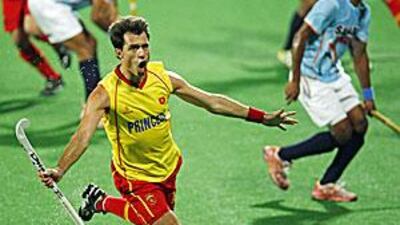 Spain's Albert Sala celebrates after scoring the first goal against India.