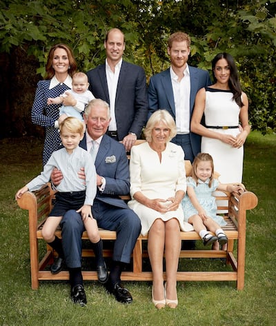 Prince Charles with Camilla Duchess of Cornwall, Prince Willliam Duke of Cambridge, Catherine Duchess of Cambridge, Prince George, Princess Charlotte, Prince Louis, Prince Harry Duke of Sussex and Meghan Duchess of Sussex. Clarence House via Getty Images