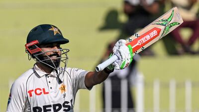 Pakistan's Saud Shakeel celebrates after scoring a century on the second day of the third Test against England at the Rawalpindi Cricket Stadium on October 25, 2024. Shakeel made 134 off 223 balls. AFP