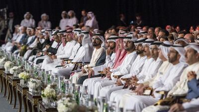Sheikh Mohammed bin Rashid, Vice President and Ruler of Dubai, and other delegates, including Sheikh Hamdan bin Mohammed, Crown Prince of Dubai, Sheikh Maktoum bin Mohammed, Deputy Ruler of Dubai, Sheikh Mansour bin Mohammed and H E Mohamed Ebraheem Al Mahmood, chairman and managing director of Abu Dhabi Media at the opening session of the Arab Media Forum held at Dubai World Trade Center. Antonie Robertson / The National