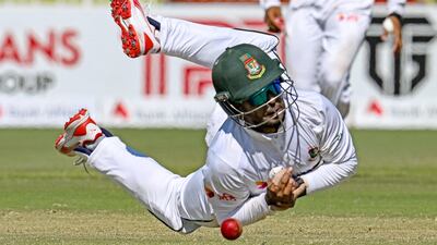 Bangladesh's Zakir Hasan drops a catch during the second day of the second and last Test cricket match between his team and Pakistan, at the Rawalpindi Cricket Stadium. AFP